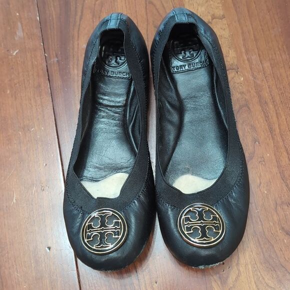 Tory Burch Black Caroline Leather Ballet Flats Sz 7.5 - Picture 2 of 15
